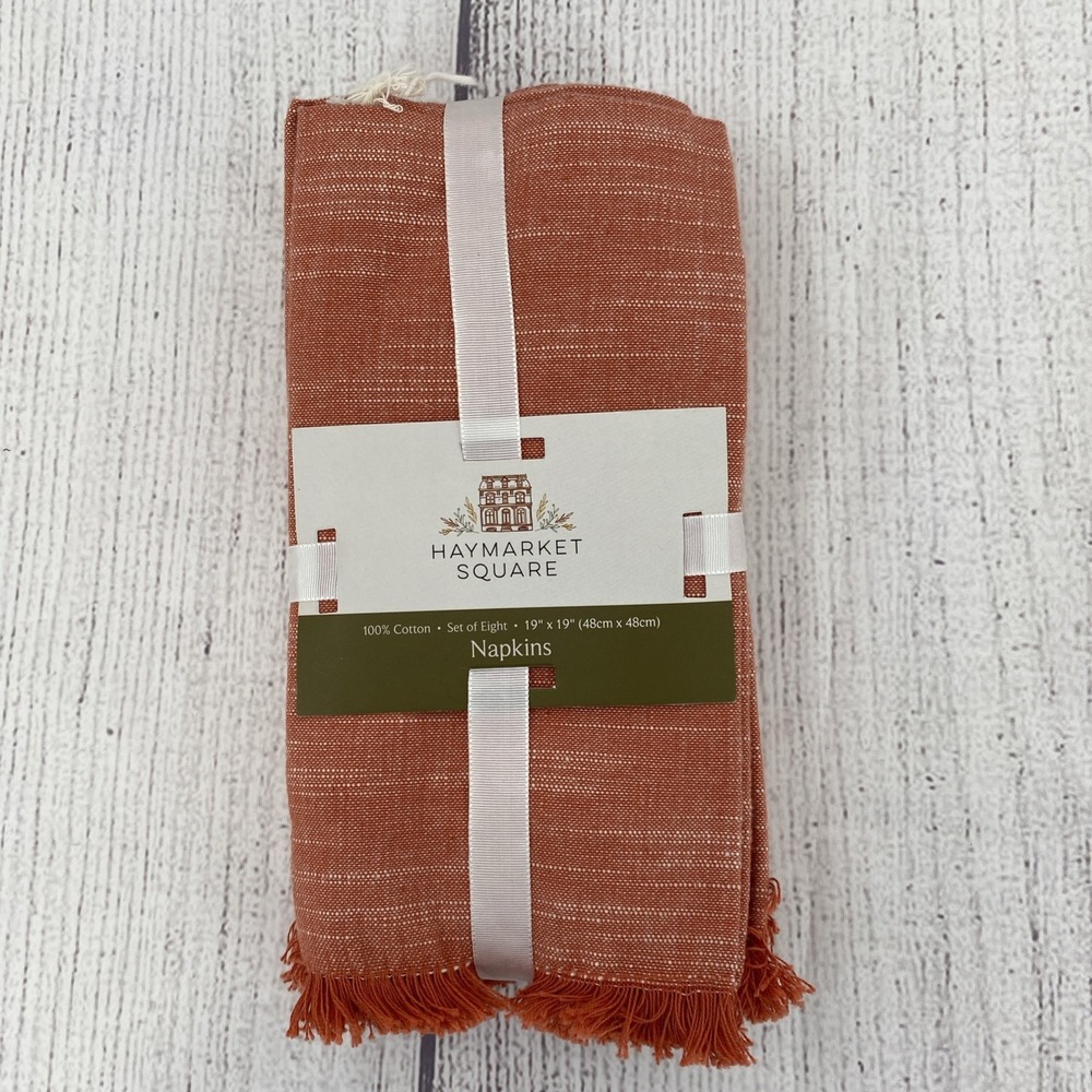 Haymarket Square Napkins (8) Heathered Orange 100% Cotton Fringe Earthy Natural